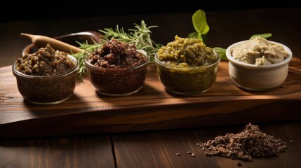 assorted tapenade varieties in glass jars on wooden board with herbs and spices for culinary presentation and gourmet inspiration