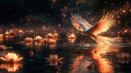 A phoenix flying above a tranquil lake with lotus flowers, with its reflection shimmering on the water and intricate lighting effects.