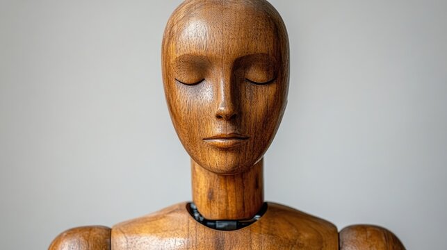 Wooden mannequin with closed eyes and neutral expression on a minimalistic white background showcasing artistry and design in sculpture - Powered by Adobe