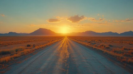 Fototapeta premium Desert highway at sunset with mountains in the background under a clear summer sky
