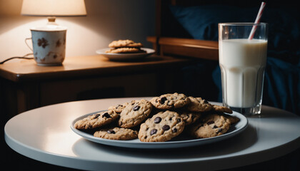 cookies and milk on a night table, movie like vibes with cinematic lighting
