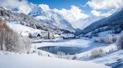 Fototapeta premium A snowy village nestled in a mountain valley, with snow-capped peaks in the distance and a small frozen pond at the village’s edge 