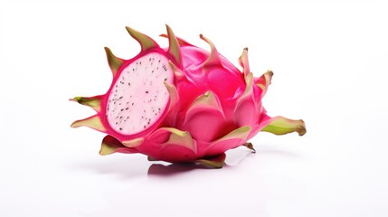 Fresh and vibrant dragon fruit sliced to reveal its pink flesh and tiny black seeds against a clean white background