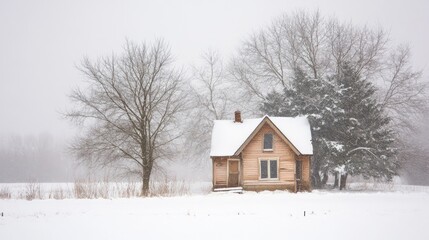 Lonely wooden house in a snowy landscape, surrounded by bare trees, evoking feelings of sadness and isolation during a bleak winter day.