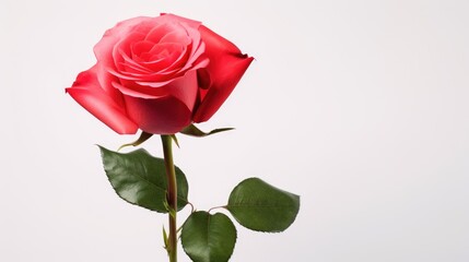 Fototapeta premium Elegant single rose with vibrant petals and lush green leaves against a plain white background showcasing timeless beauty and simplicity.