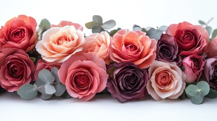 Naklejka premium Beautiful assortment of roses and eucalyptus leaves elegantly arranged on a white background for floral design themes.