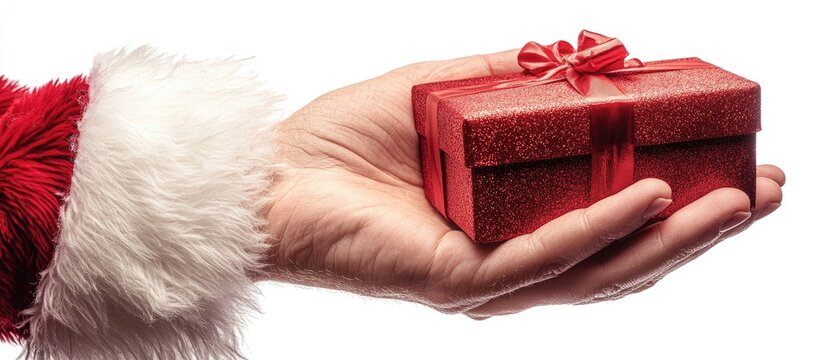 Santa Claus hand offering a festive red gift box for Christmas celebrations isolated on white background