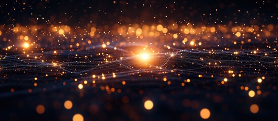 Urban landscape with glowing digital connections and data processing interface representing global connectivity and technological advancement.