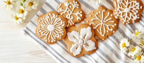 Fototapeta premium Decorative white gingerbread cookies with floral icing designs on a striped towel surrounded by fresh daisies and a soft light ambiance