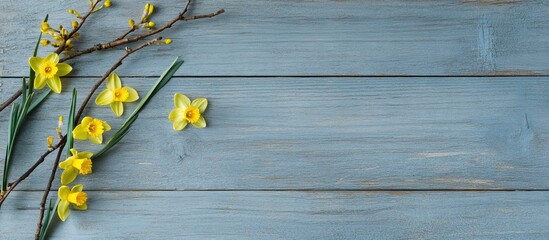Fototapeta premium Willow branches and yellow daffodils on a rustic wooden background for a serene spring theme with space for text or design elements