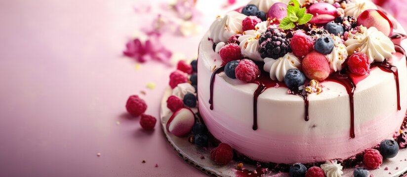Vibrant decorated cake with fresh berries and floral accents perfect for bakery shop menu and promotional materials - Powered by Adobe