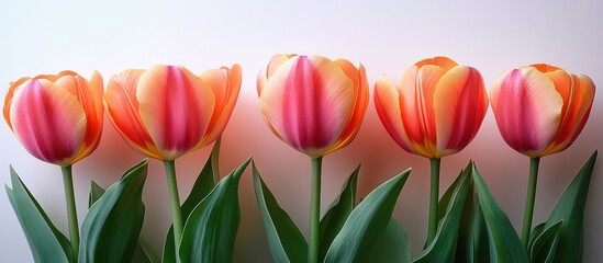 Fototapeta premium Group of vibrant pink and yellow tulip flowers arranged elegantly on a clean white background showcasing natural beauty and freshness