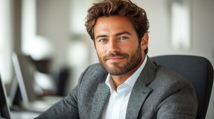 Obraz premium Smiling young businessman in a modern office setting using a laptop while seated comfortably in an ergonomic chair