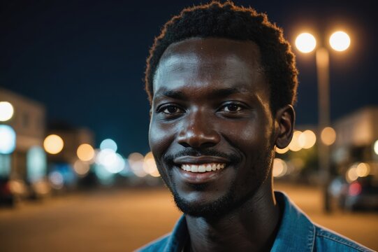 Close portrait of a smiling young South Sudanese man looking at the camera, South Sudanese city outdoors at night blurred background