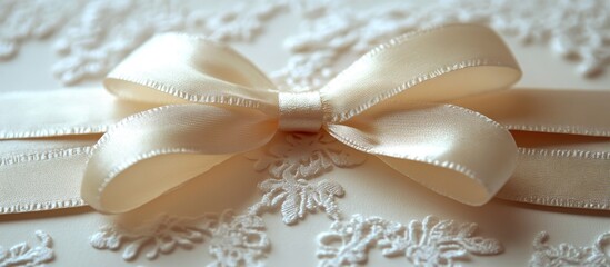 Elegant wedding invitation featuring intricate lace patterns and a luxurious ribbon bow embellishment for a romantic touch.