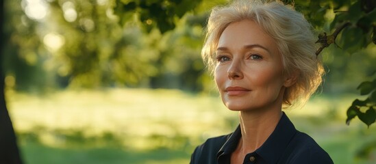 Fototapeta premium Portrait of an elegant middle-aged blonde woman enjoying a summer day in a serene park setting surrounded by nature and sunlight.