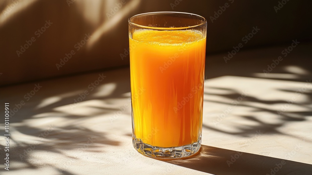 Poster refreshing mango juice served in a clear glass with natural light highlighting its vibrant color aga