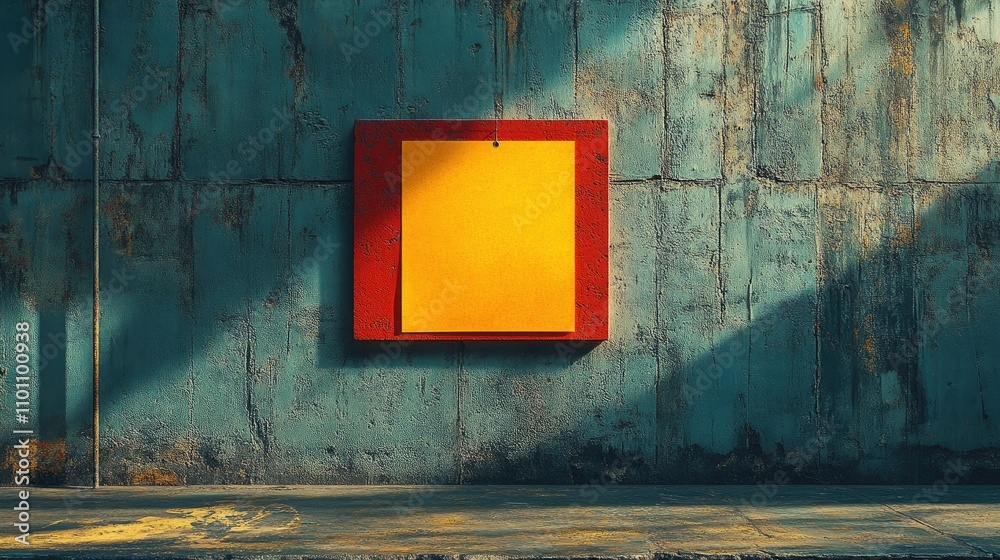 Aufkleber sticky note on concrete wall with dramatic lighting and shadow emphasizing the texture and color con