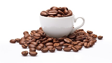 Obraz premium Roasted coffee beans creatively arranged in a cup on a white background showcasing the concept of healthy natural ingredients in food.