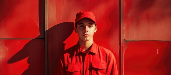 Young delivery person wearing a vibrant red uniform standing against a matching backdrop conveying professionalism and confidence