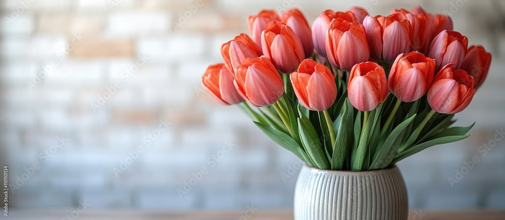 Poster vibrant tulips in a textured vase elegantly arranged on a wooden table with a soft white background 