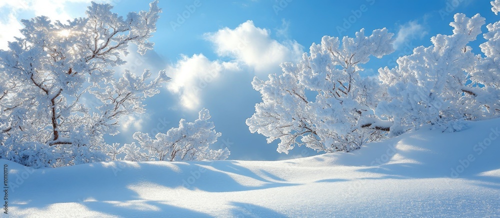 Aufkleber snow-covered tree branches glisten under a blue sky with fluffy clouds creating a serene winter land