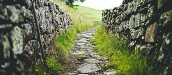 Fototapeta premium Narrow stone pathway lined with rustic barriers surrounded by lush greenery and natural scenery in a serene outdoor setting
