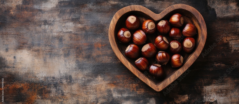 Poster chestnuts in heart shaped wooden tray on rustic background with ample space for text decoration and 