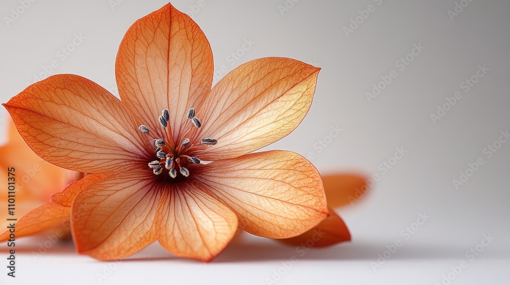 Poster delicate orange flower with intricate petals and subtle details captured against a soft white backgr