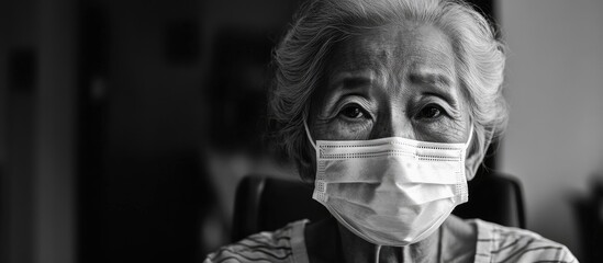 Elderly Thai woman wearing a medical mask with a thoughtful expression in black and white portraiture reflecting health and care themes