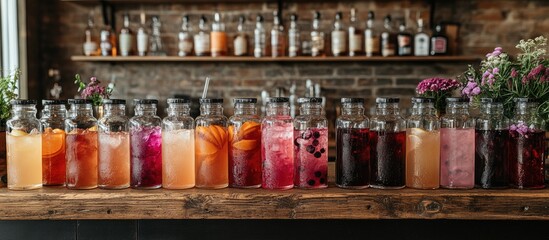 Vintage party decor with colorful cocktails in flasks and test tubes arranged on a wooden bar showcasing a festive atmosphere