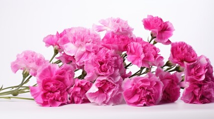 Vibrant bouquet of pink carnation flowers arranged on a white background showcasing natural beauty and floral elegance.