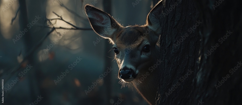 Poster deer peeking from behind a tree in a misty forest during twilight showcasing nature's tranquility an