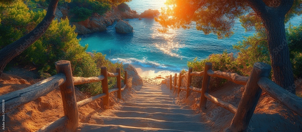 Poster serene beach stairs at sunset surrounded by trees creating a tranquil summer atmosphere near the wat