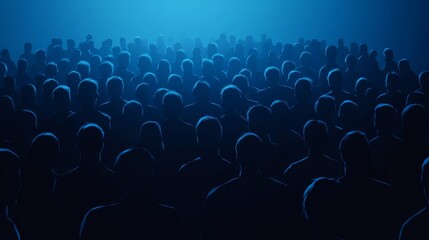 Obraz premium A dense group of silhouettes standing together in unison, beautifully bathed in rich blue light, powerfully conveying themes of unity and diversity in a vibrant, atmospheric setting that captivates