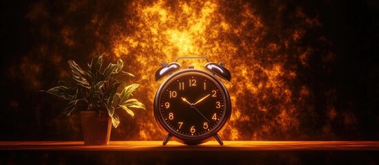 Vintage alarm clock with vibrant background and plant on wooden surface Timekeeping concept and photography blank space for text or design