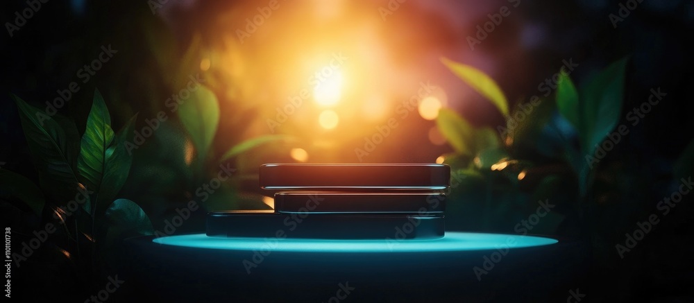 Aufkleber modern gadgets illuminated on a glowing table surrounded by nature showcasing technology and interio