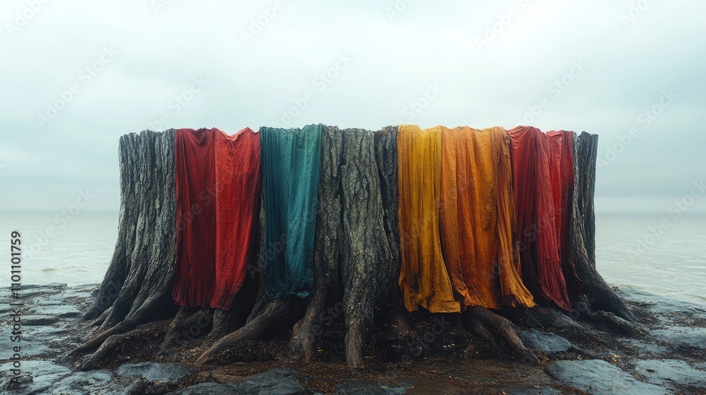 Poster vibrant fabric draped over a weathered tree stump in a serene coastal landscape creating a striking 