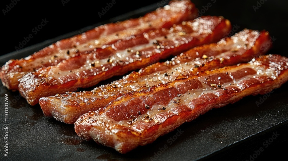 Poster cooked bacon strips seasoned and arranged on a dark plate showcasing a crispy texture and mouthwater