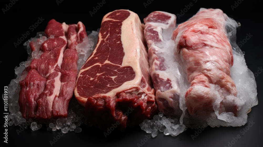 Poster frozen semi-finished meat products displayed on ice showcasing variety in cuts and textures for culi