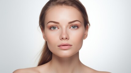 Fototapeta premium Portrait of a beautiful young woman with flawless skin posing against a soft white background showcasing natural beauty and skincare routine.