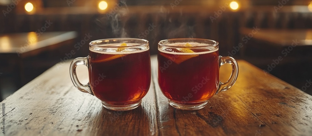 Poster Two steaming mugs of mulled wine with lemon slices on a rustic wooden table in a cozy setting.