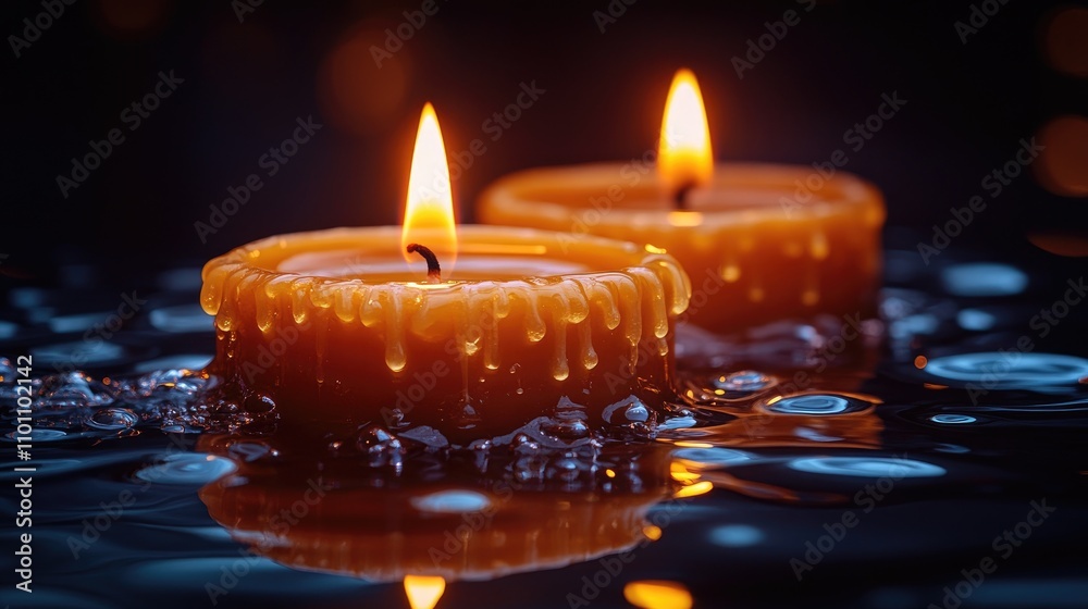 Poster tranquil scene of glowing wax candles with dripping wax on dark background creating a serene atmosph