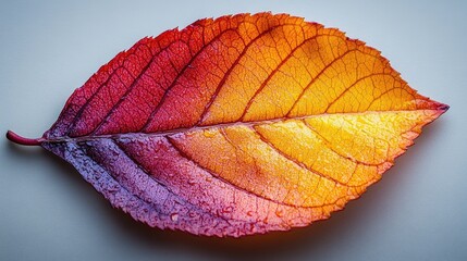 Obraz premium Colorful autumn cherry leaf isolated highlighting intricate details and vibrant hues against a soft neutral background for seasonal themes