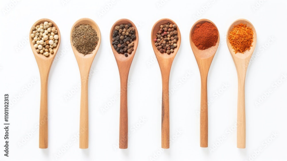 Poster assorted spices in wooden spoons arranged on a white background viewed from above showcasing culinar