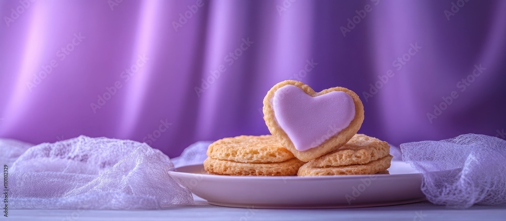 Poster decorative heart-shaped cookie on a plate surrounded by lace against a soft purple backdrop creating