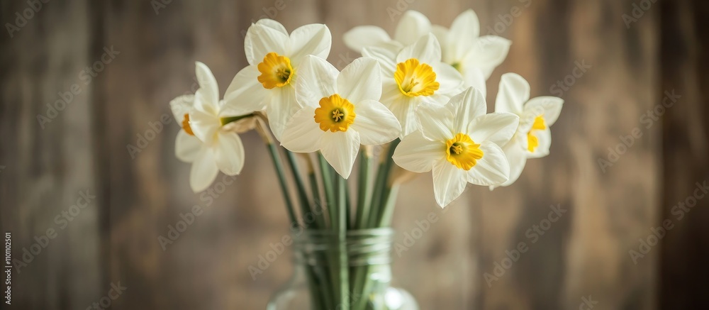 Poster a bouquet of white narcissus flowers in a clear vase against a rustic wooden background creating a f