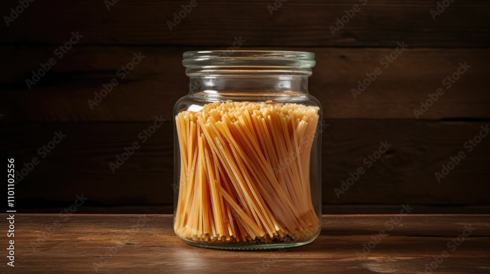 Poster Spaghetti noodles displayed in a glass jar on a rustic wooden background creating a warm and inviting kitchen atmosphere