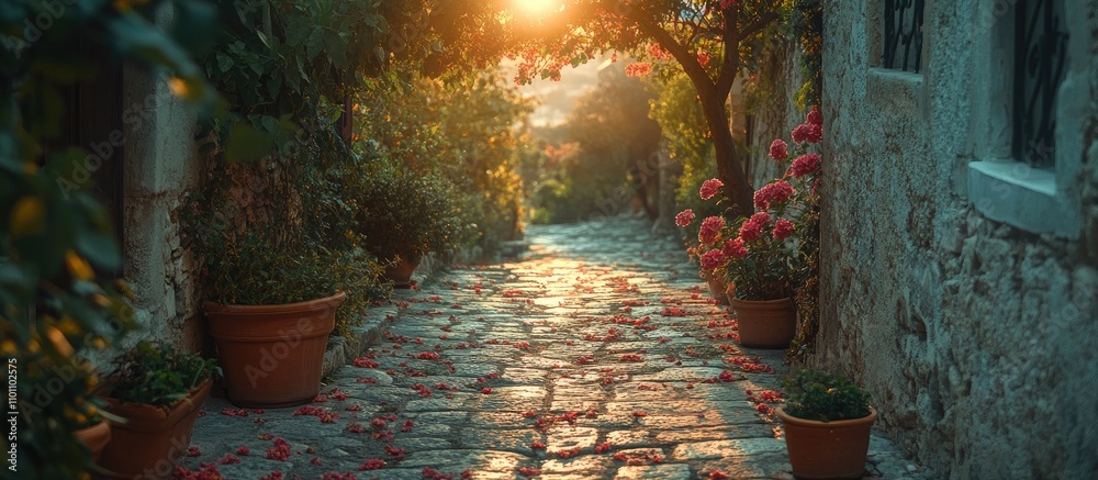 Poster Charming cobblestone pathway in an old city illuminated by sunset with flowers in pots creating a picturesque atmosphere