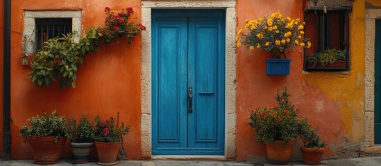 Fototapeta premium Vibrant blue door framed by colorful flowers on a historic street creating a charming architectural scene.